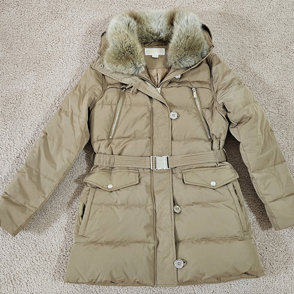 Michael Kors Tan Puffer Coat with Matching Scarf